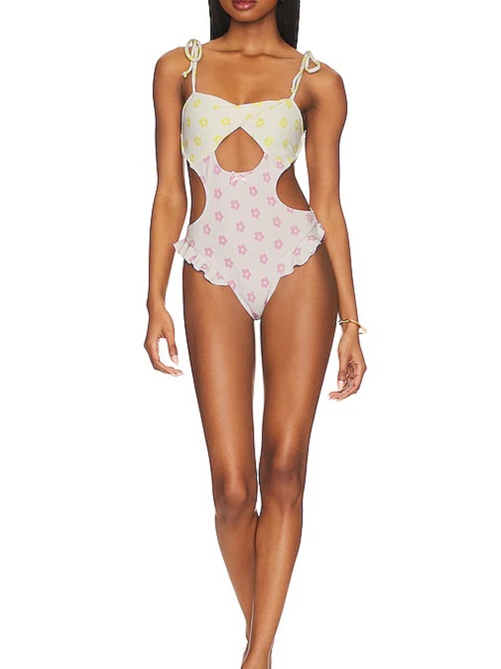 For Love & Lemons Pastel Yellow and Pink Floral Cutout One-Piece Swimsuit